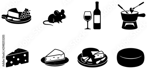 Obraz na płótnie Cheese and Wine Icons Set: Fondue, Mouse, Grapes, and Cheese Platters, Vector Gr