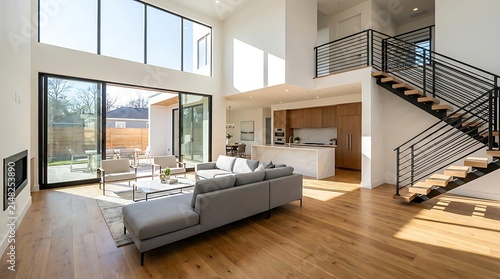 Bright, modern luxury home interior concept with expansive open-plan living, high ceilings, large windows, and elegant hardwood floors