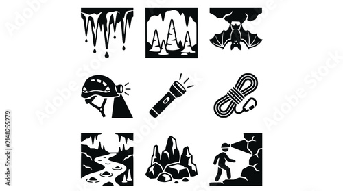 Obraz na plátně Cave Exploration Icons: Stalactites, Bat, Helmet, Flashlight, Rope, River, Rocks