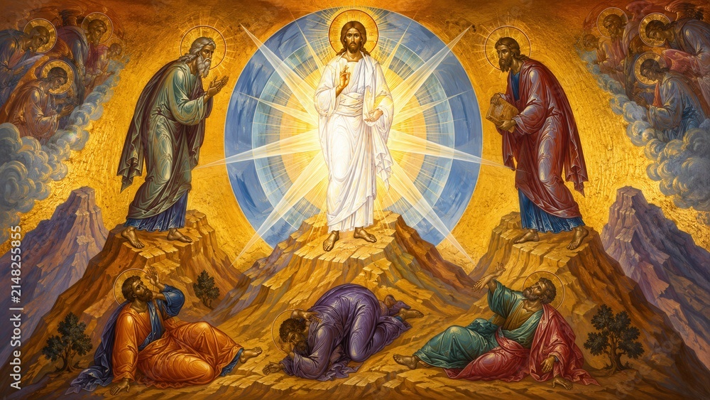 Obraz premium Byzantine icon of the Transfiguration of Jesus Christ on Mount Tabor with prophets apostles and angels