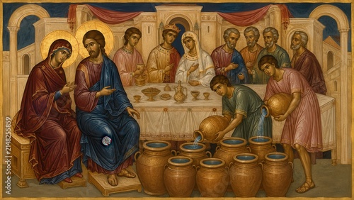 Byzantine icon of the Wedding at Cana with Jesus Christ Virgin Mary disciples and miracle of water into wine