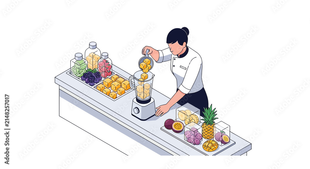 Fototapeta premium Chef preparing fresh fruit juice in blender, healthy lifestyle, isometric illustration