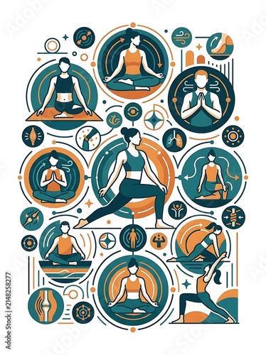 Yoga and wellness infographic with various poses and health icons