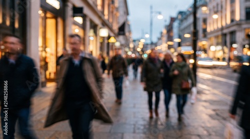 Blurred motion of people walking on a busy city street in london during the evening, with shop windows and street lights creating a bokeh effect in the background