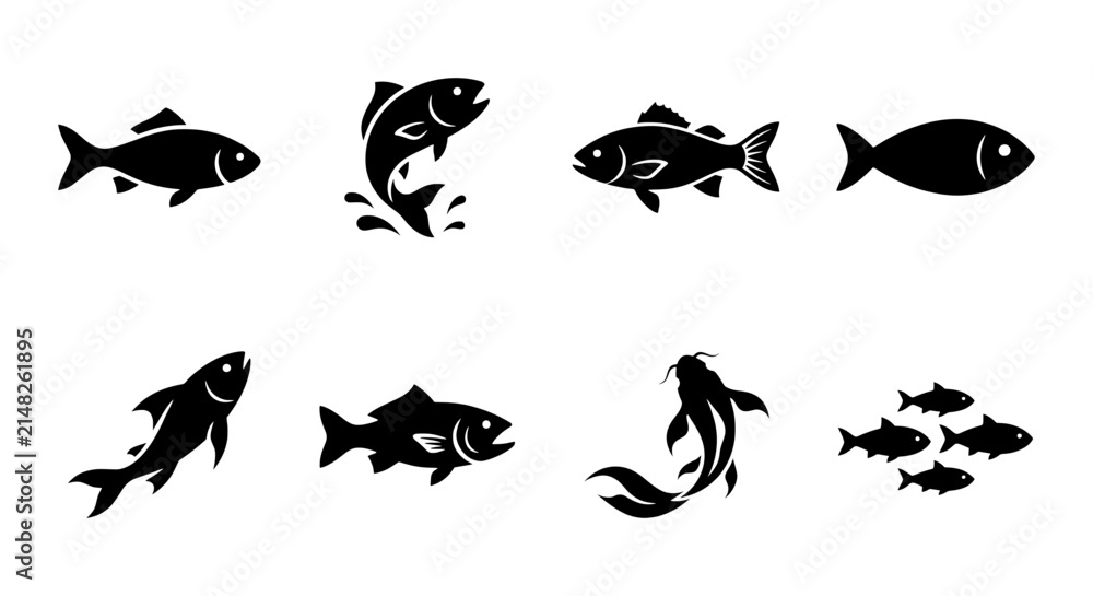Obraz premium Fish Icons, Aquatic Life Silhouettes, Seafood Vector