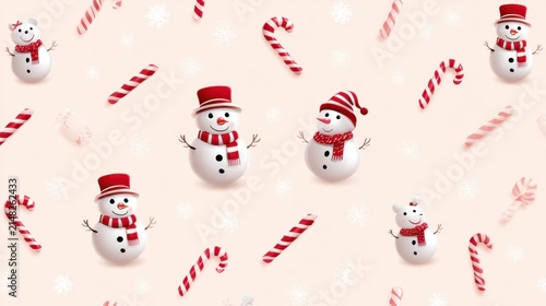 Charming Winter Scene Featuring Adorable Snowmen Surrounded By Colorful Candy Canes Against A Gentle Background