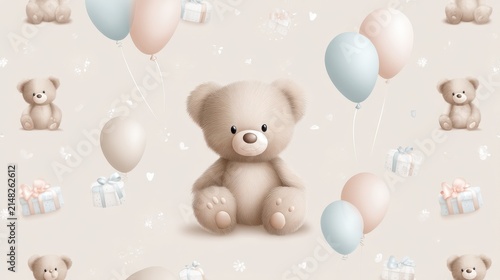 Charming Teddy Bear Nestled Among Colorful Balloons And Presents On A Gentle Background Perfect For Baby Celebrations
