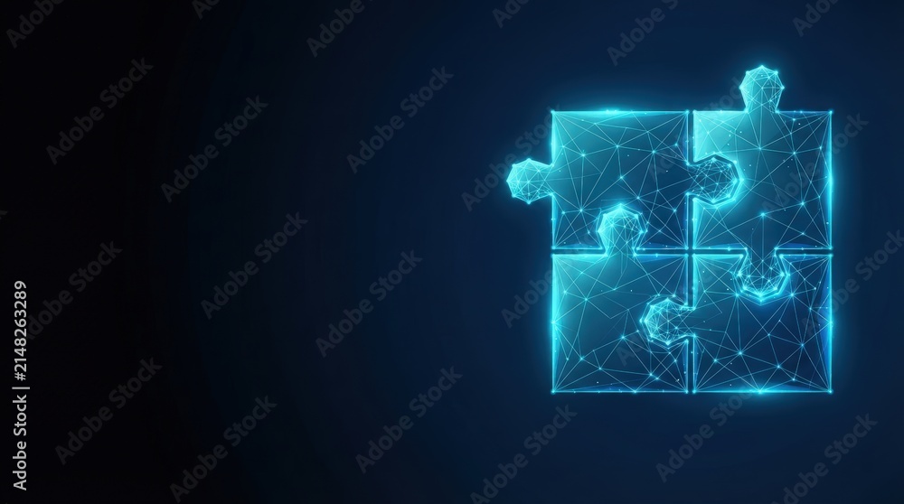 Obraz premium Studio-lit digital illustration of glowing puzzle pieces assembling into human silhouettes, viewed from above, evoking futuristic connectivity and unity.