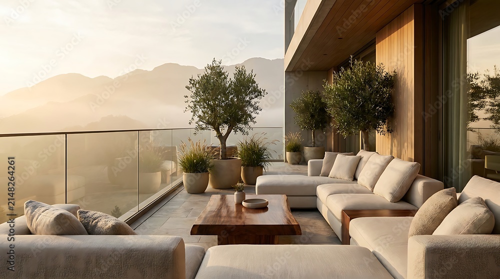 Fototapeta premium Modern luxury terrace with comfortable outdoor seating and elegant olive trees, offering stunning panoramic mountain views during the serene golden hour