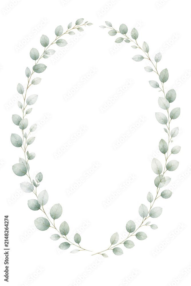 Naklejka premium Watercolor thin oval frame of small eucalyptus leaves