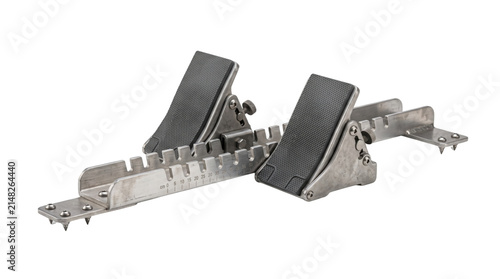 Professional track starting blocks, adjustable metal athletic equipment for sprinters, silver steel racing blocks isolated on white background