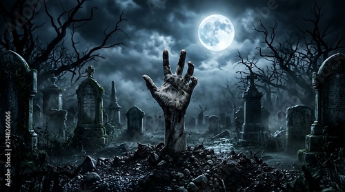Spooky graveyard scene featuring a zombie hand rising from the ground under a full moon for a dark halloween background