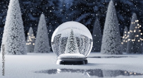 A beautiful snow globe sitting in a winter wonderland surrounded by snow-covered pine trees and falling snowflakes