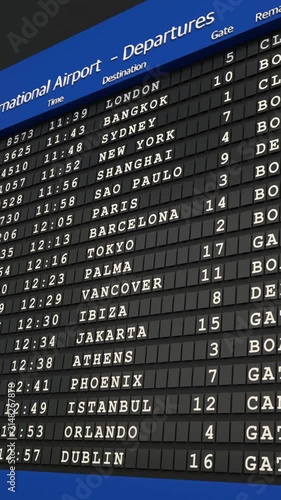 Airport arrival and departure board, travel destinations, flights, boarding information. Flight status, gates, airlines, boarding, delayed or cancelled. Information, passengers, tourism, transport.