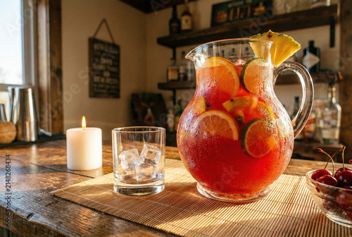 Refreshing red sangria cocktail with orange and lime slices in a large glass pitcher beside an ice glass, cherry bowl and lit candle on a rustic wooden bar illuminated by warm sunlight.
