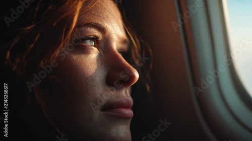Young woman inside airplane, looking out window at cityscape below, low-angle perspective