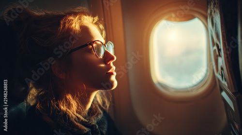 Young woman traveling by plane, looking out window, low-angle shot from aisle, soft morning sunlight 