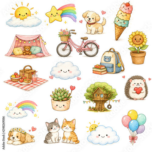 Cute Kawaii Clipart Collection Set with Animals, Rainbow, Sun, Cloud, Flowers, Bicycle, Picnic, Treehouse and Sweet Pastel Illustrations Isolated on Transparent Background