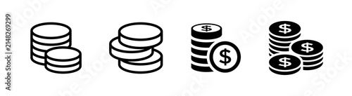 Coin icon, set of 4 style, outlined and flat style