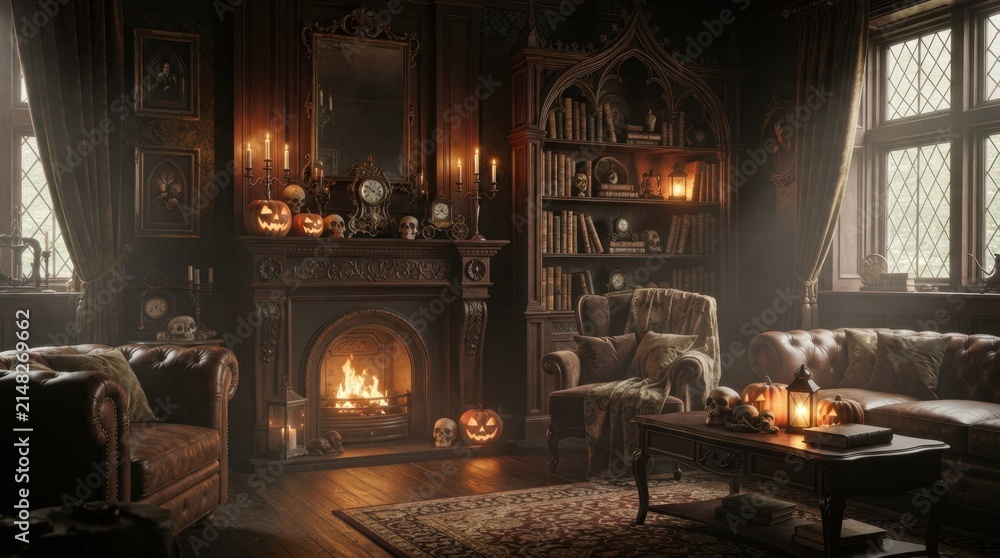 Fototapeta premium Gothic library interior with Halloween decorations and a roaring fireplace
