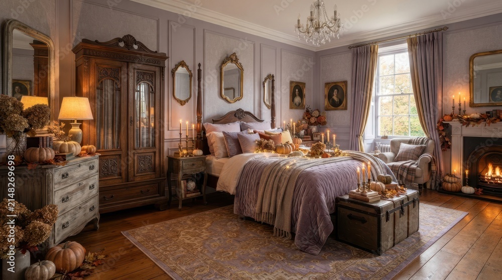 Fototapeta premium Cozy Autumn Bedroom Decor with Pumpkins and Fireplace Glow