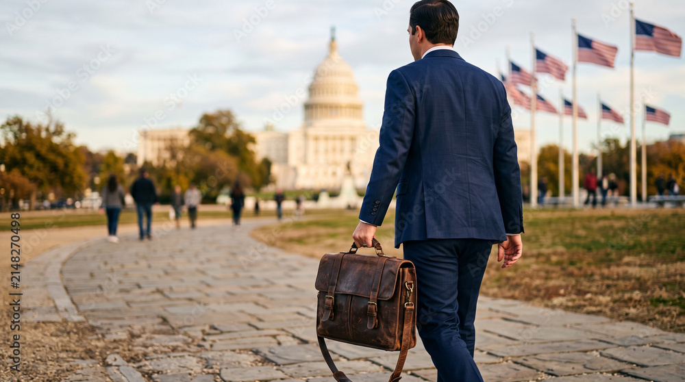 Fototapeta premium Business professional walking toward the US Capitol Building at sunrise with American flags, leadership, democracy, government, public service, patriotism, political concept, Washington DC