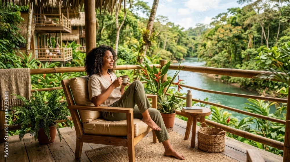 Obraz premium Woman enjoying coffee on a balcony overlooking a lush jungle river