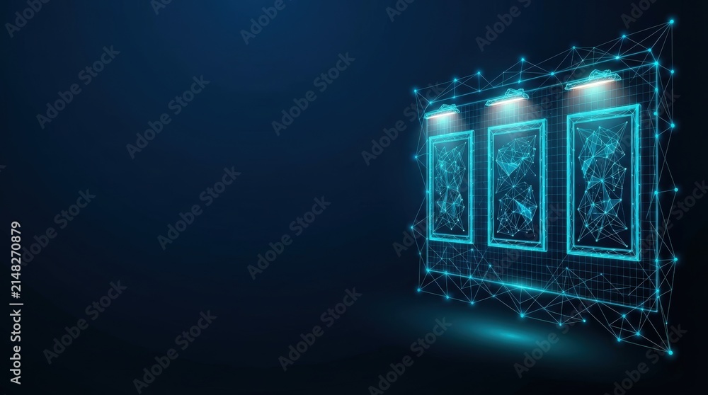 Obraz premium Abstract digital display showing three interconnected panels with glowing blue circuit patterns, set against a dark tech-themed background. Studio lighting emphasizes depth and connectivity.