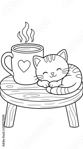 Sleeping cat next to coffee mug coloring page