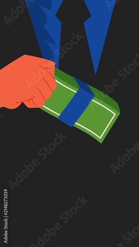 An official takes a bribe, his hands in handcuffs, against a background of green banknotes. Vertical animation in a flat vector art style