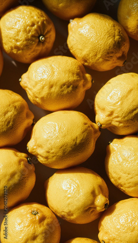 A close-up of yellow lemons with textured skin under warm lighting.
