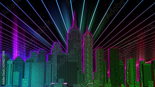 Futuristic cyber city skyline illuminated by vibrant rainbow neon lights, glowing skyscrapers and colorful laser beams in a dark digital cityscape.