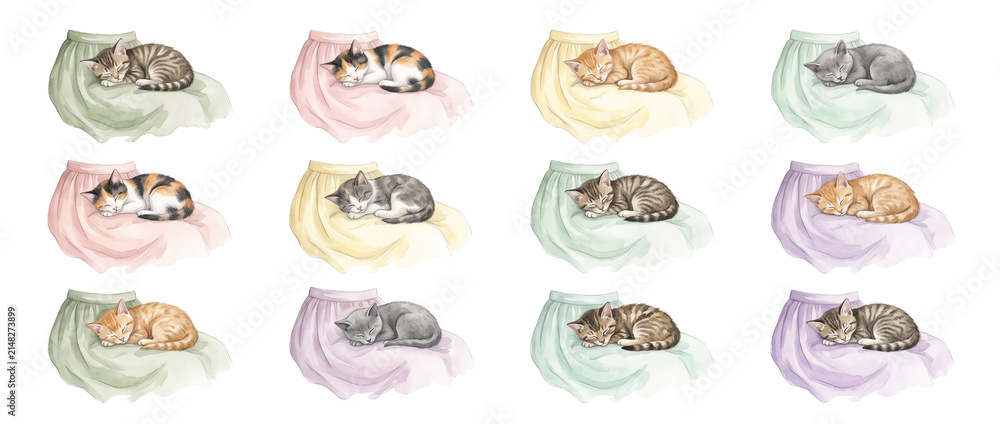 Obraz premium Sleeping kitten watercolor illustration set featuring cute cats sleeping on pastel skirts in various breeds for cozy pet art, craft, pattern design, print, scrapbook, and clipart collection.