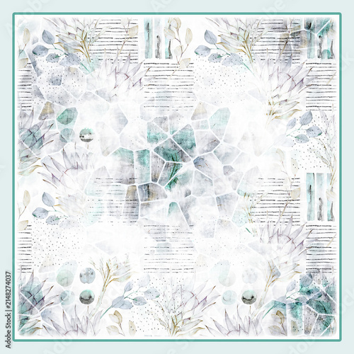 Quadro su tela Abstract Mint Green Mosaic Floral Square Scarf – Soft Teal Watercolor Botanical