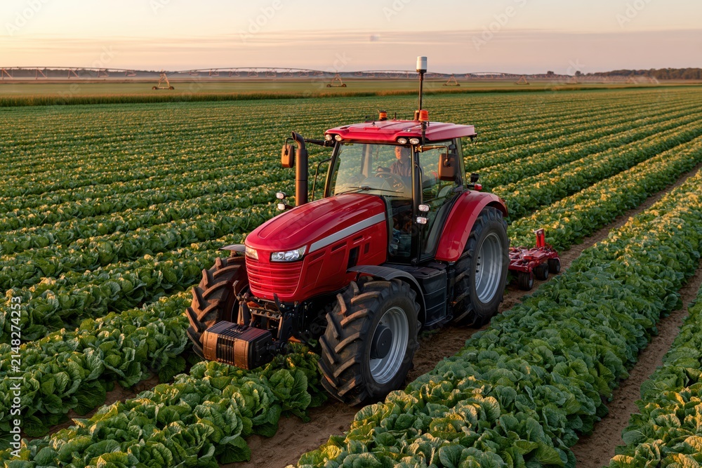 Obraz premium Red tractor working in green field at sunset agricultural landscape
