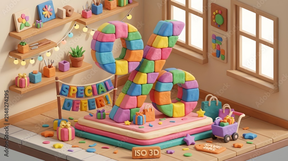 Naklejka premium Colorful block toy house with dolls and furniture