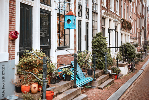 Amsterdam, Netherlands. Autumn street with traditional houses. Flowers in flowerpots, house entrance decoration with natural plants and flowers. Urban landscape.