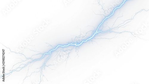 Electric blue lightning bolt on white background. Powerful electrical discharge effect. Abstract energy flash and thunderbolt strike.