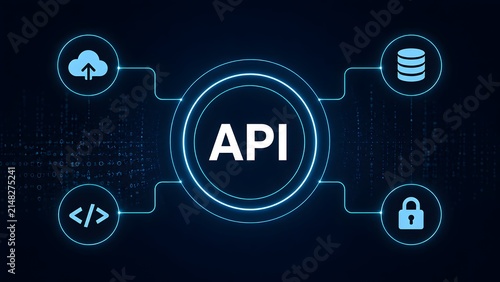 Application programming interface, glowing API integration network connecting cloud computing, secure database storage, and software development code.