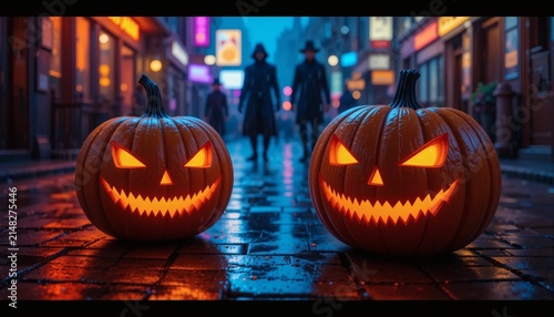 Glowing Jack O Lanterns on Rainy City Street