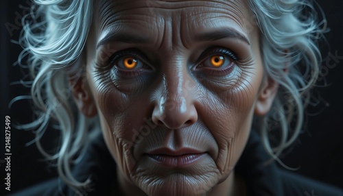 Elderly woman portrait with intense glowing eyes