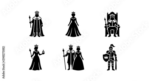 фотографія Royal Icons Set: King, Queen, Knight, Royalty Figures, Monarch Symbols, Medieval