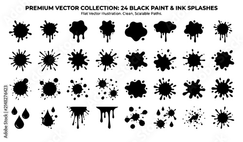 Принти на полотні Black Paint Ink Splash Vector Collection with Splatter Blots Drops Grunge Stains