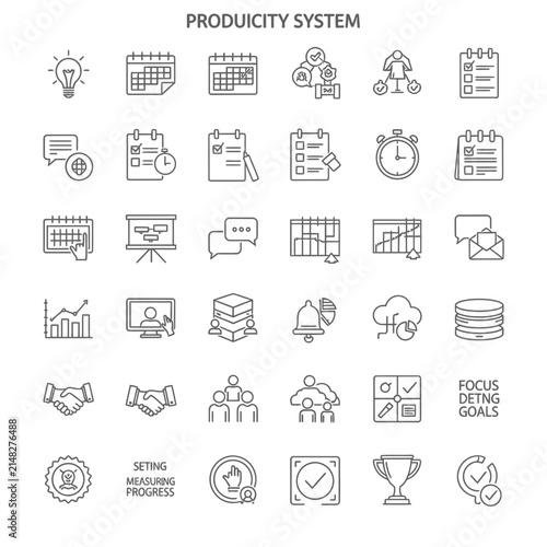 Productivity System Icons: Planning, Goals, Teamwork, Success Icons