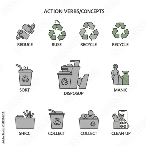 Recycling and Waste Management Icons: Reduce, Reuse, Recycle, Sort, Dispose, Clean Up