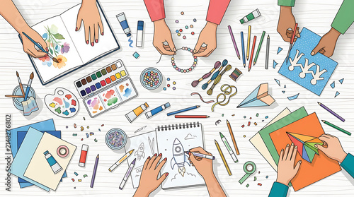 Diverse hands crafting art supplies on table. People creating creative projects together.