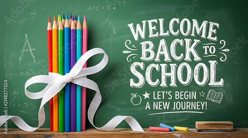 Colored pencils on a chalkboard with Welcome Back to School text. Education concept background.