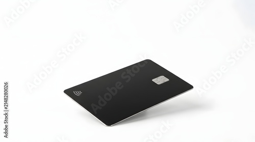 Black credit card floating on white background