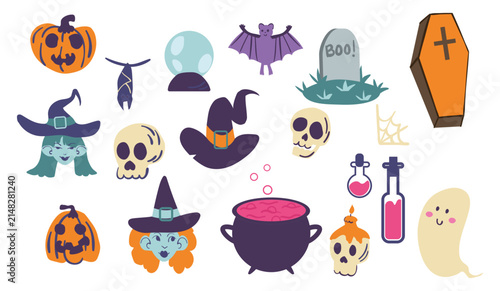 Set of vector Halloween illustrations: witches, a pumpkin, a witch's cauldron, a ghost, and skulls.