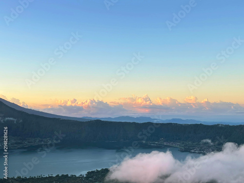Dawn view from Mount Batur to lake below, Bali